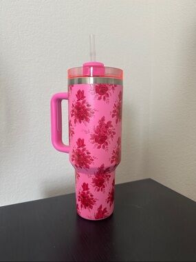 Pink Floral Insulated Tumbler with Handle and Straw